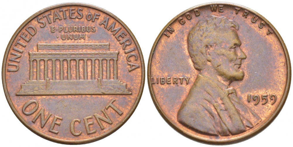США 1 цент 1959 Авраам Линкольн KM 201 медь цинк UNC 3309-227
