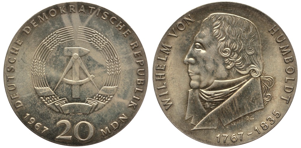 ГДР 20 марок 1967 А, 200 лет со дня рождения Вильгельма фон Гумбольдта KM 18.1 серебро UNC 413-4613