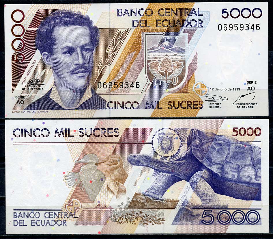 Эквадор 5000 сукре 1999 12 июля, Хуан Монтальво, животные на Галапагосских островах, серия AO Pick 128 c  бумага  UNC (пресс) 447-113-1