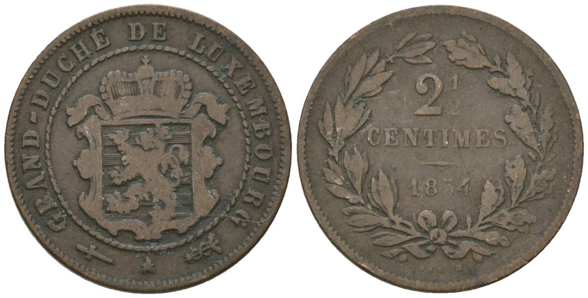Люксембург 2 1/2 сантима 1854 KM 21 бронза 4602-638