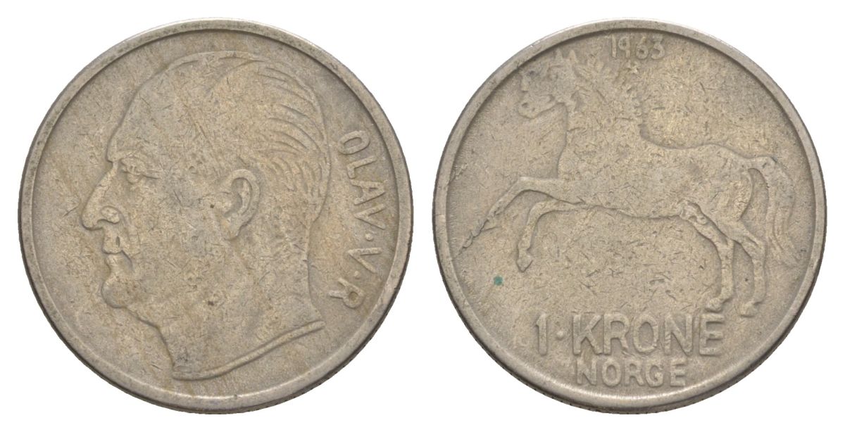 Норвегия 1 крона 1963 Улаф V (1957-1991) KM 409 медно-никель 4635-643