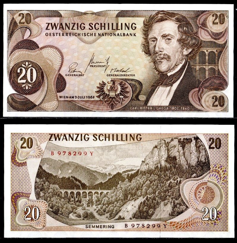 Австрия 20 шиллингов 1967 Pick 142 a (1) бумага 7457-21-2-1