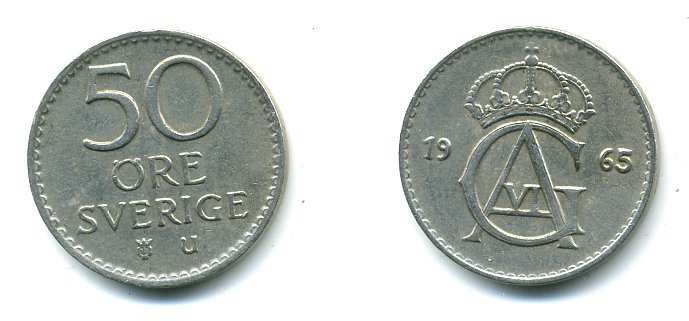 Швеция 50 эре 1965 U, Густав VI Адольф (1950-1973) KM 837 медно-никель 29-222