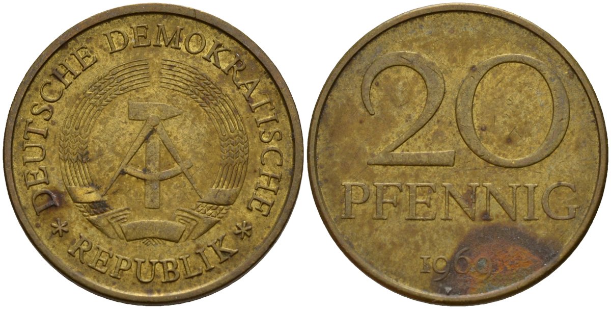 ГДР 20 пфеннигов 1969 А, первый год KM 11 латунь 92-844