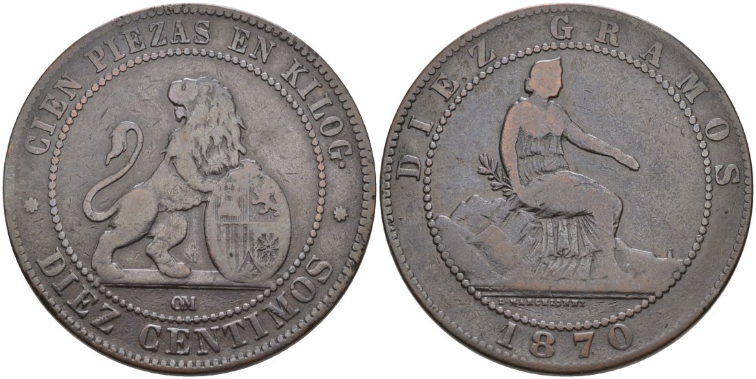 Испания 10 сентимо 1870 ОМ, лев со щитом KM 663 (Y54) медь 4572-526