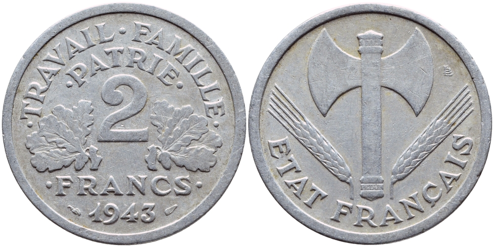Франция 2 франка 1943 правительство Виши KM 904.1 алюминий 4397-722