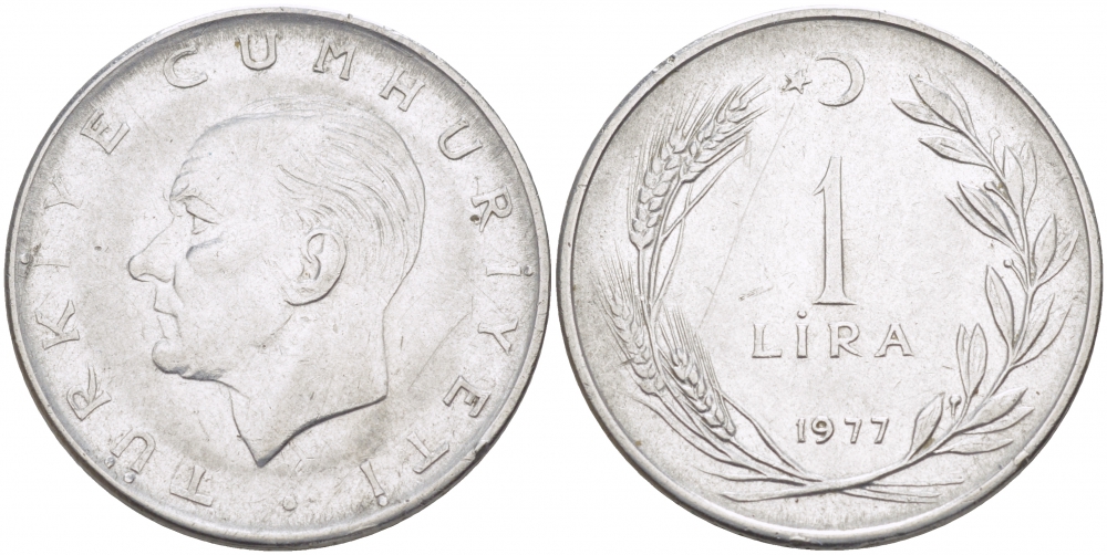 Турция 1 лира 1977 Мустафа Кемаль Ататюрк KM 889а.2 нержавеющая сталь 212-1235