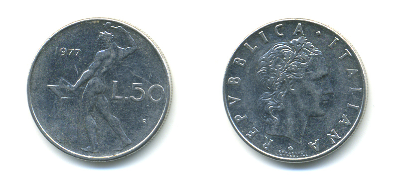 ИТАЛИЯ 50 ЛИР 1977 R, БОГ ОГНЯ ВУЛКАН У НАКОВАЛЬНИ KM 95.1 нержавеющая сталь 3999-1252