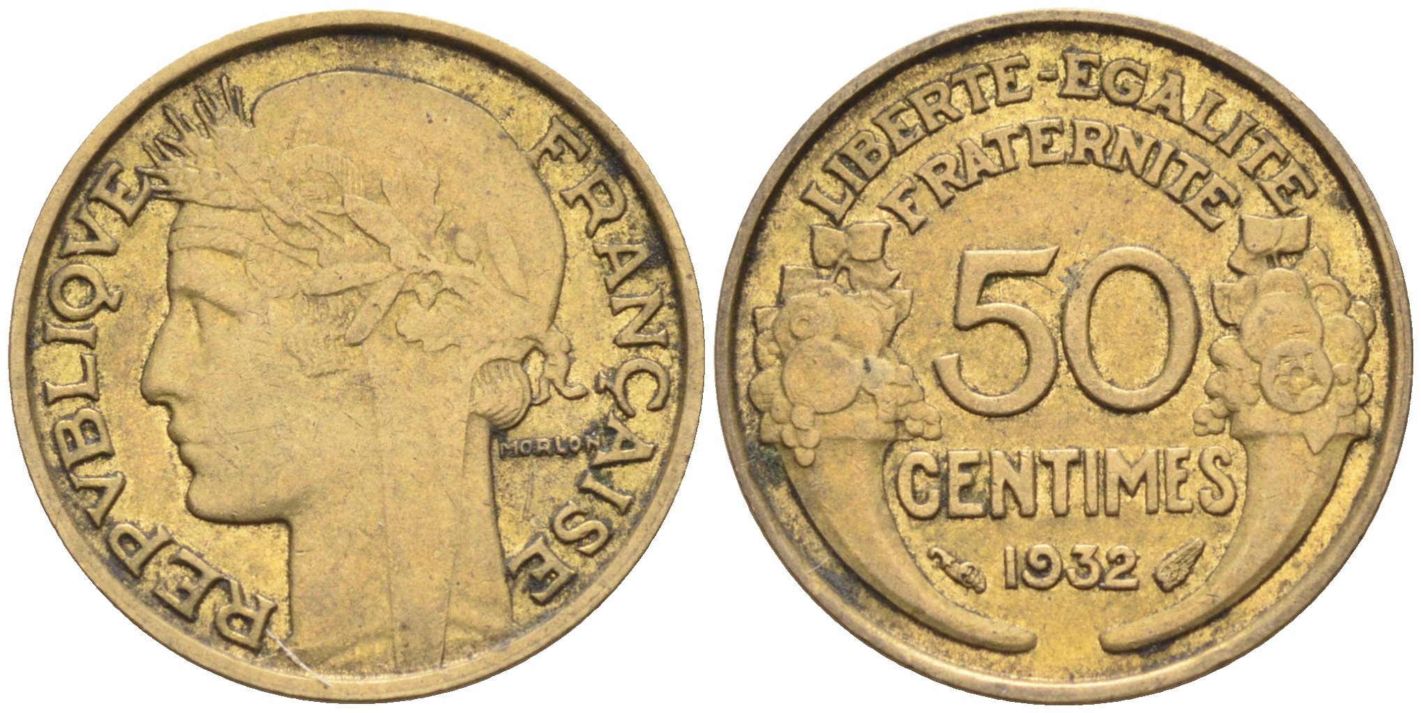 ФРАНЦИЯ 50 САНТИМОВ 1932 ТИП MORLON, OPEN 9, С ЯГОДОЙ KM 849.1, LE FRANC 192.7 алюминиевая бронза 4588-354