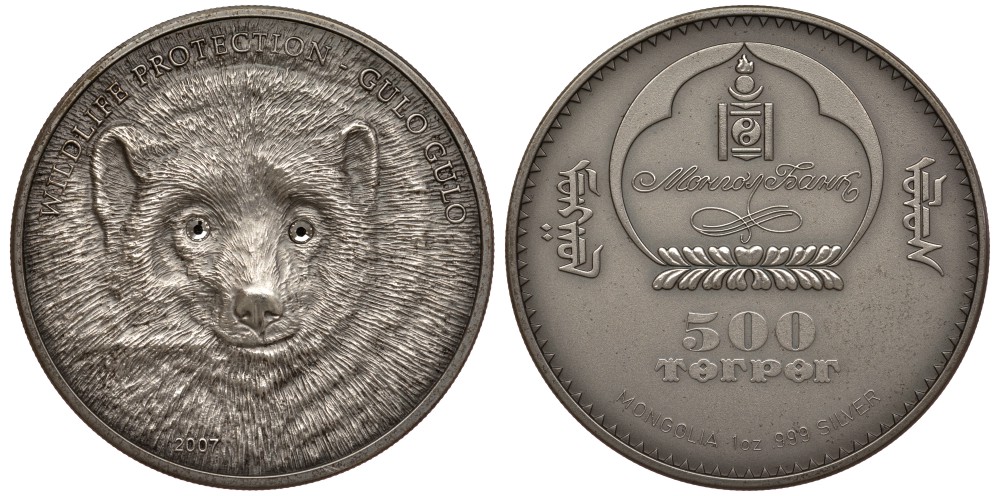 Монголия 500 тугриков 2007 медведь гуло гуло, кристалы Сваровски, тираж 2500 экз, RARE, оригинальный чекан серебро UNC 10-015-35