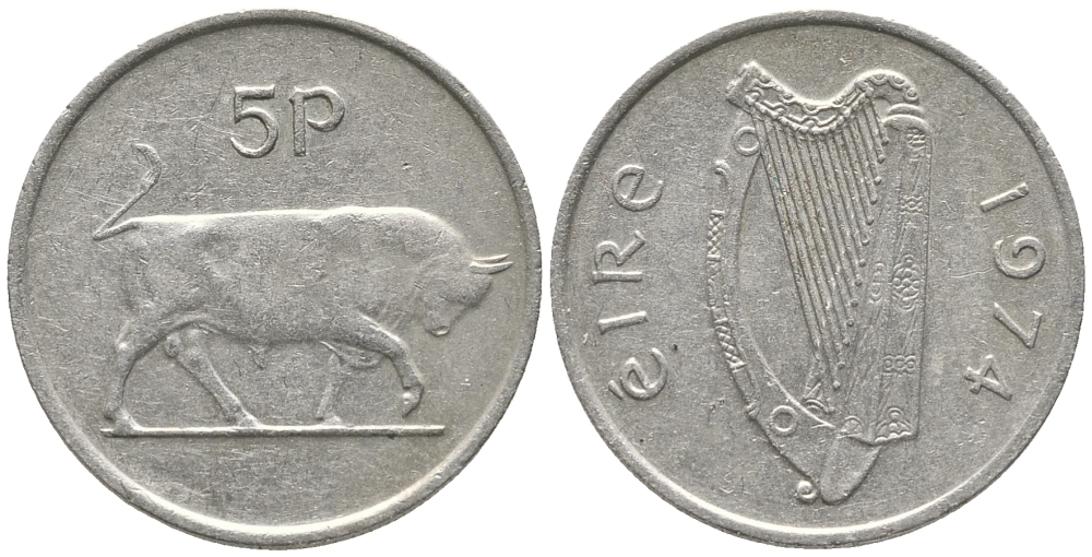 ИРЛАНДИЯ 5 ПЕНСОВ 1974 БЫК KM 22 медно-никель 51-153