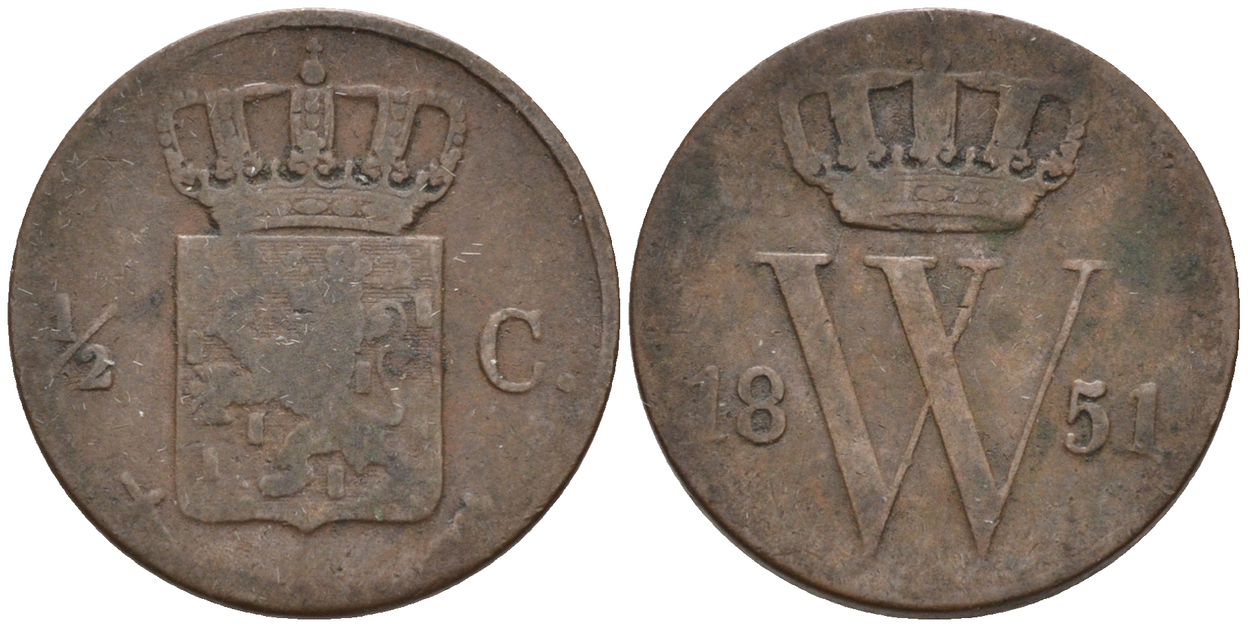 Нидерланды 1/2 цента 1851 Виллем III (1849-1890) KM 90 медь 4115-227