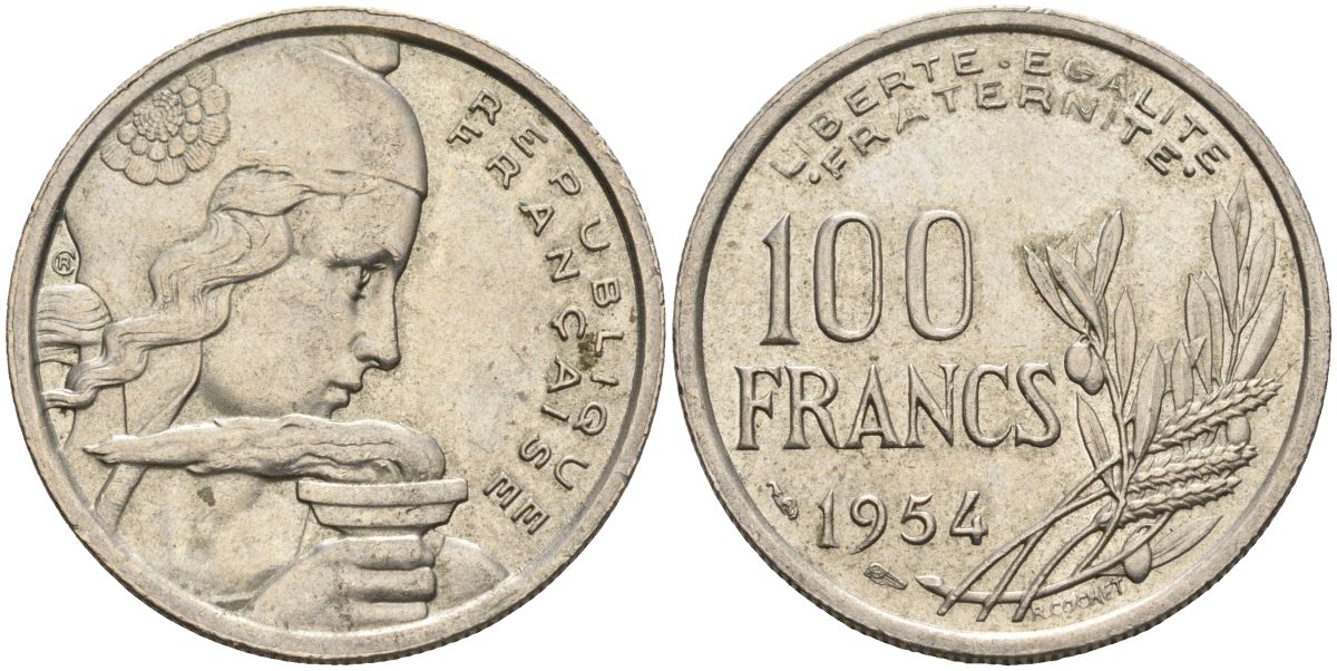 Франция 100 франков 1954 KM 919.1, Le Franc 450.2 медно-никель 4606-724