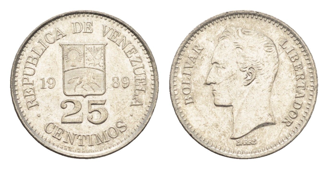 Венесуэла 25 сентимо 1989 Симон Боливар Y 50a сталь плакированная никелем 4664-218