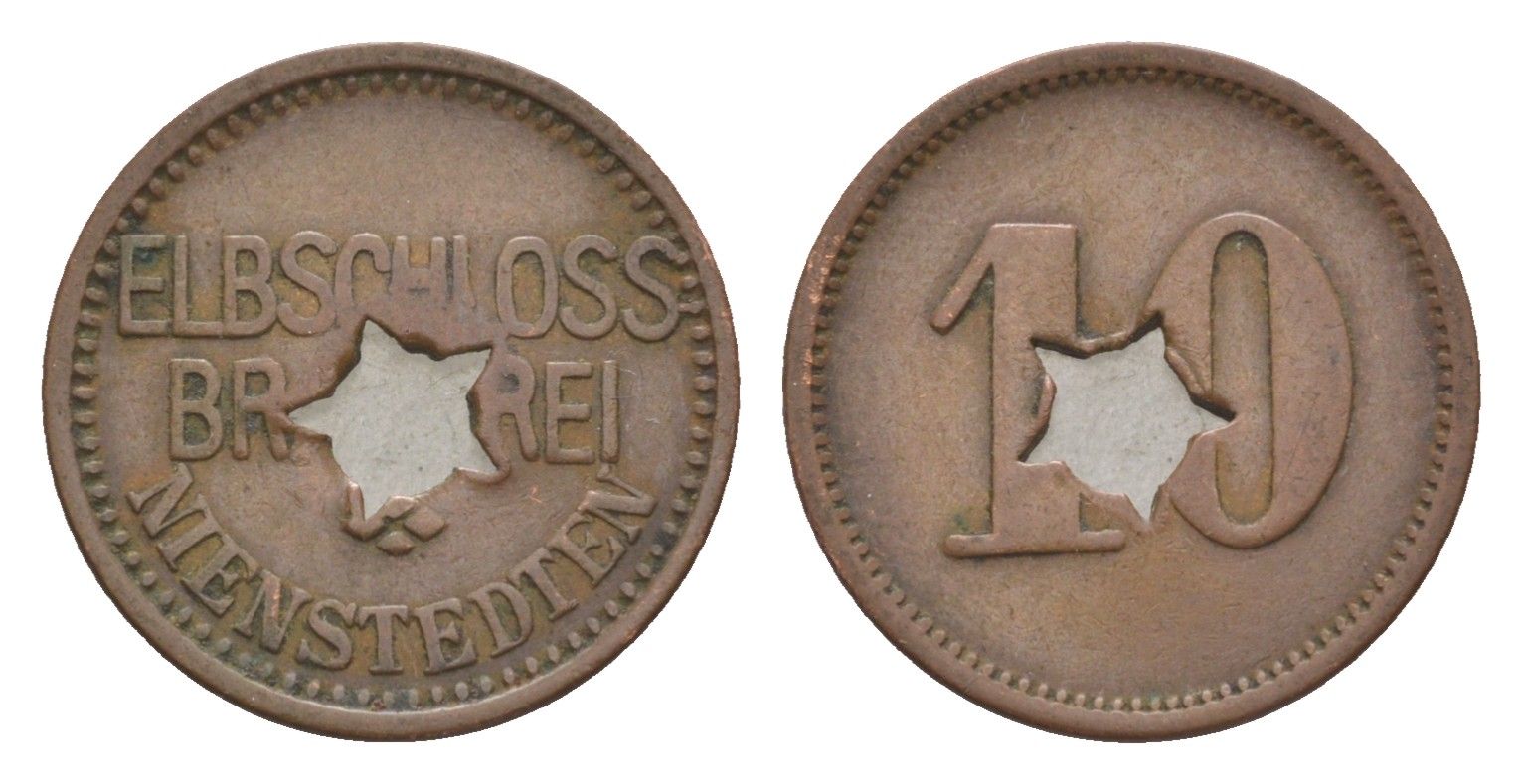 Нинштедтен, Пивоварня Эльбшлосс 10 пфеннигов ND Men05 18876.4, Men18 23618.4 латунь 4636-1257