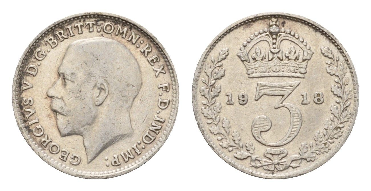 Великобритания 3 пенса 1918 Георг V (1910-1936) KM 813, Spink 4015 серебро 4644-228