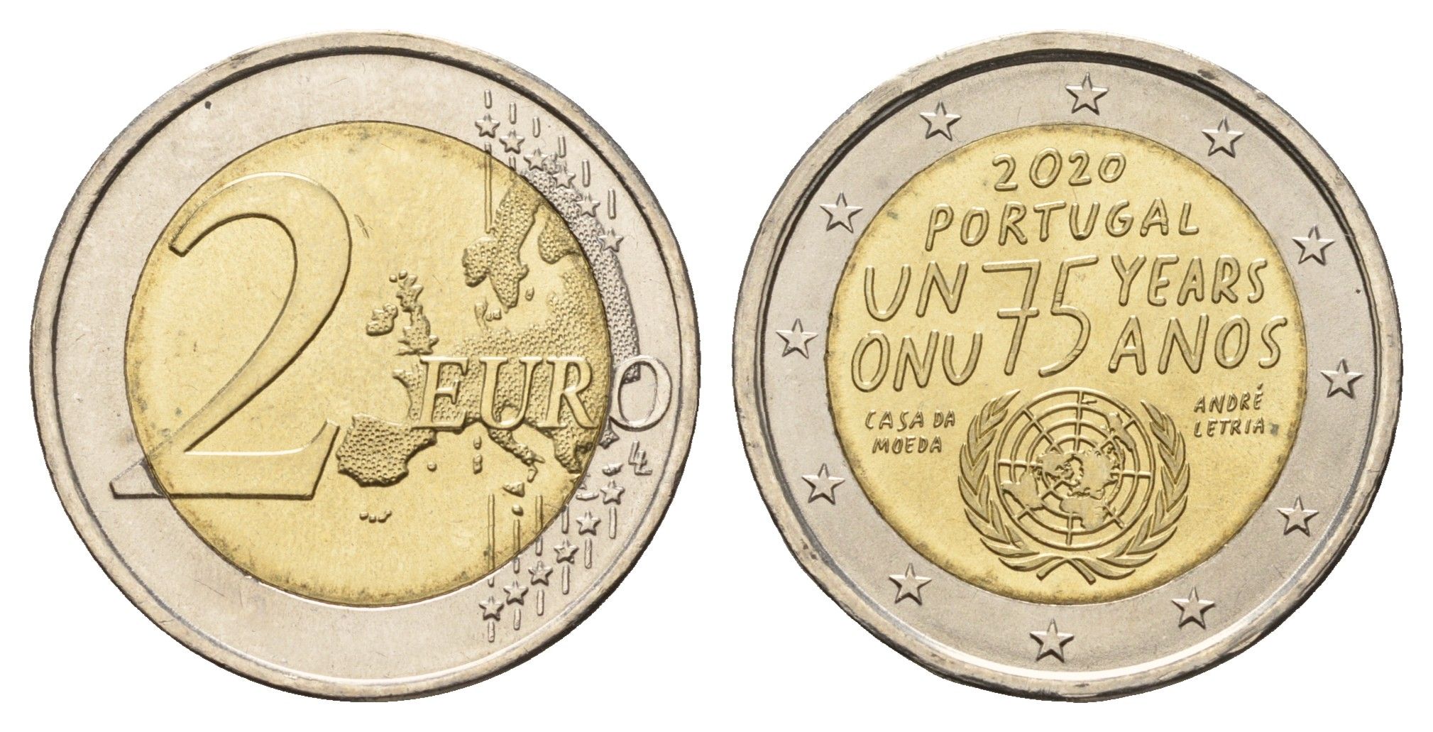 Португалия 2 евро 2020 75 лет ООН KM 910 биметалл UNC 68-925