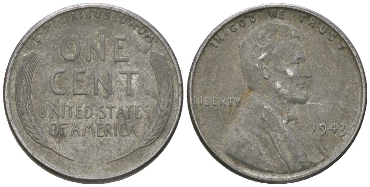 США 1 цент 1943 Авраам Линкольн KM 132 a сталь покрытая цинком 54-817