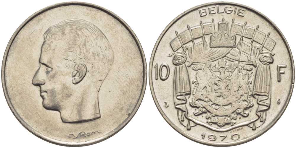 БЕЛЬГИЯ 10 ФРАНКОВ 1970 BELGIE, БОДУЭН I (1951-1993) KM 156.1 никель 38-626