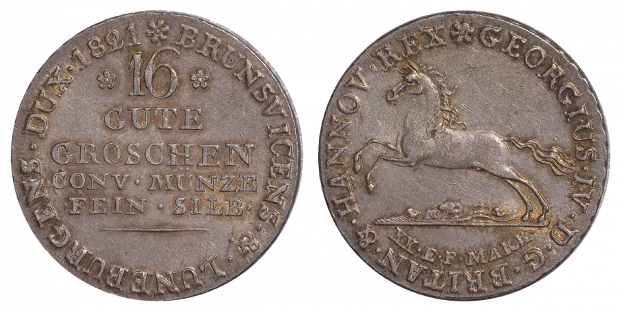 Ганновер 16 гутергрошей 1821 король Англии Георг IV КМ 127, AKS 35 D, Jaeger 23 EC серебро aUNC 00-000-00