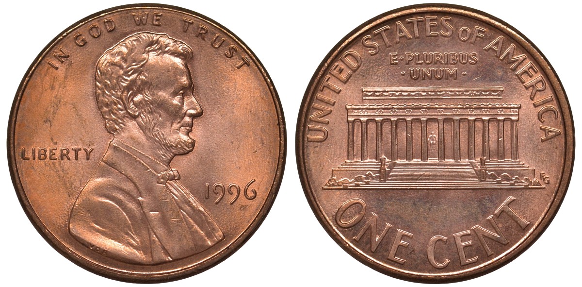 США 1 цент 1996 Линкольн KM 201b медь цинк 4128-612