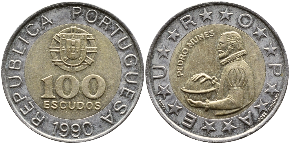 Португалия 100 эскудо 1990 Педру Нуниш (1502-1578), математик KM 645.1 биметалл 4364-156