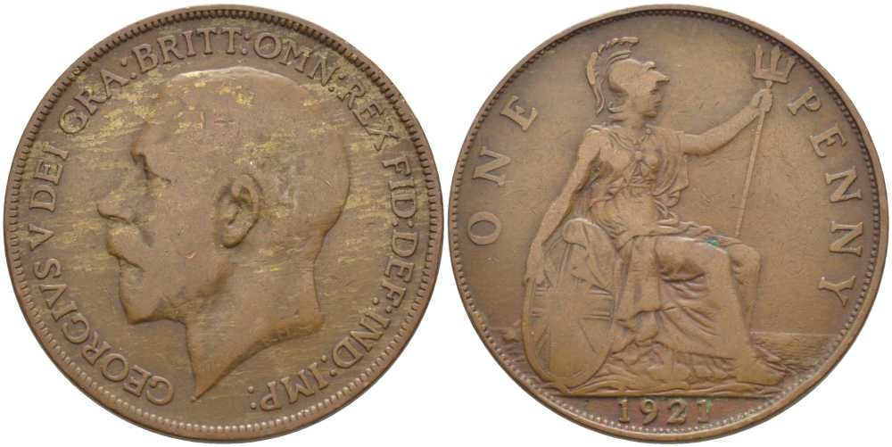Великобритания 1 пенни 1921 Георг V (1910-1936) KM 810, Spink 4051 бронза 115-225