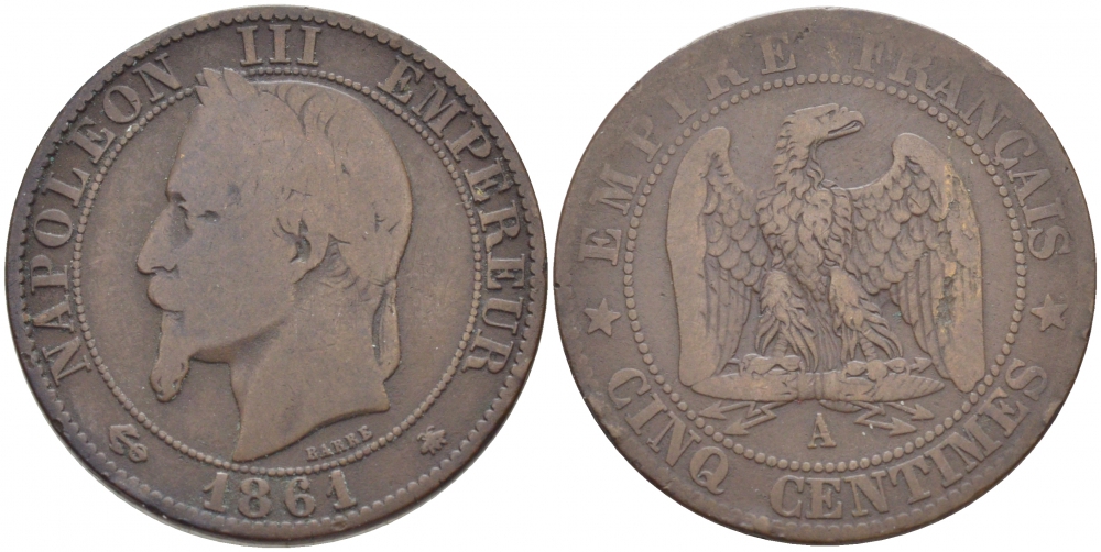ФРАНЦИЯ 5 САНТИМОВ 1861 A, НАПОЛЕОН III (1852-1870) KM 797.1, LE FRANC 117.2 бронза 4448-122