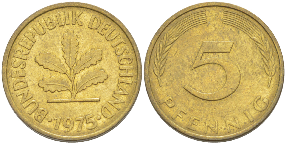 ФРГ 5 ПФЕННИГОВ 1975 F KM 107, J. 382 сталь плакированная латунью 4181-945