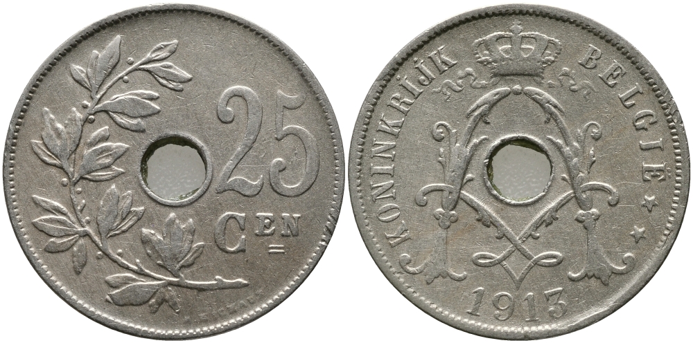 БЕЛЬГИЯ 25 САНТИМОВ 1913 BELGIE KM 69 медно-никель 94-1023