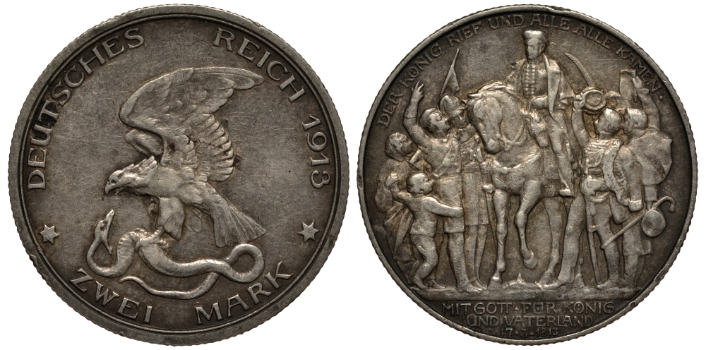 Пруссия 2 марки 1913 A, Вильгельм II (1888-1918), 100 лет победы над Наполеоном J.109, Weege 109, KM 532 серебро 3711-942