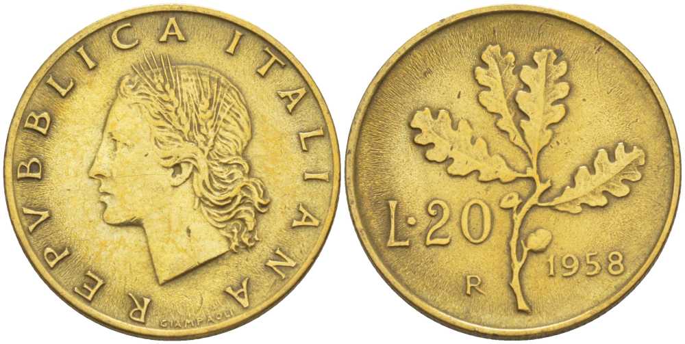 ИТАЛИЯ 20 ЛИР 1958 R, ДУБОВЫЙ ЛИСТ KM 97.1 алюминиевая бронза 113-1247