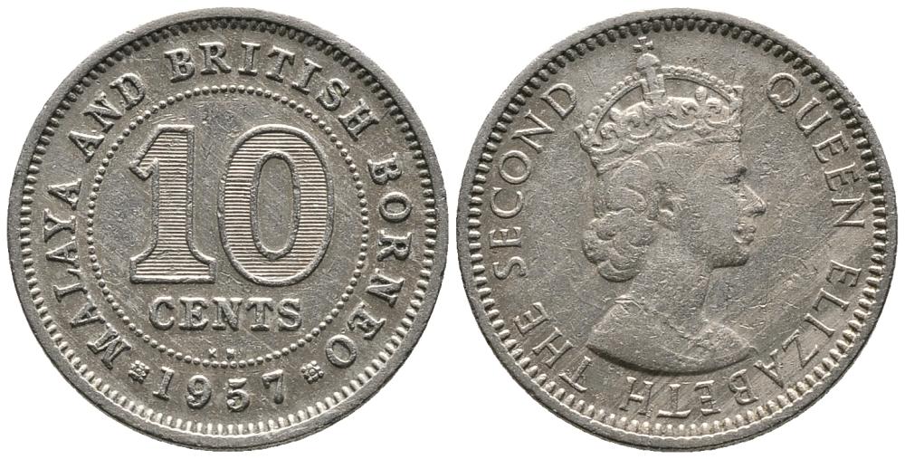 Малайя и Британское Борнео 10 центов 1957 KN, Елизавета II (1952-2022) KM 2 медно-никель 4549-638
