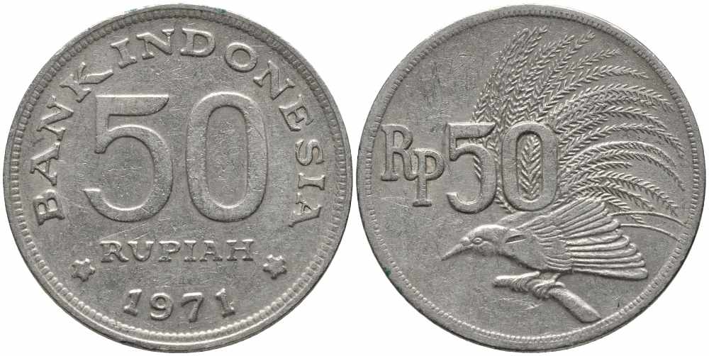 Индонезия 50 рупий 1971 райская птица KM 35 медно-никель 87-156