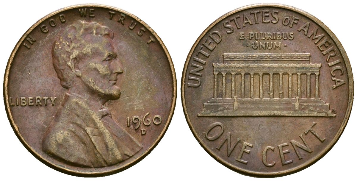 США 1 цент 1960 D, Линкольн KM 201 медь цинк 4136-121