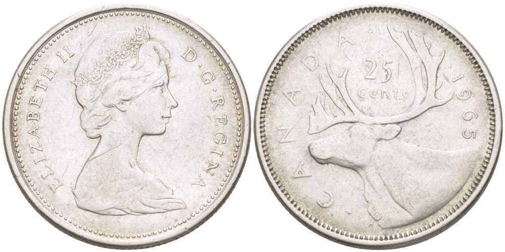 Канада 25 центов 1965 Елизавета II (1952-2022), олень KM 62 серебро 4448-1013