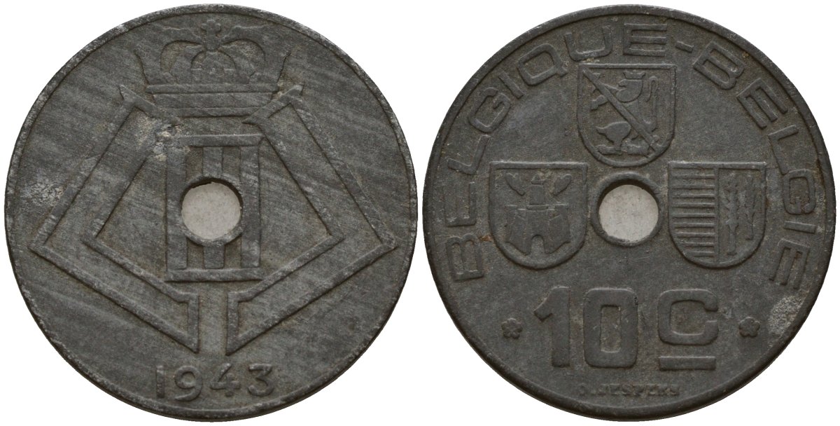 Бельгия 10 сантимов 1943 Belgique - Belgie, Леопольд III (1934-1947), германская оккупация, Вторая мировая война KM 125 цинк 4161-322