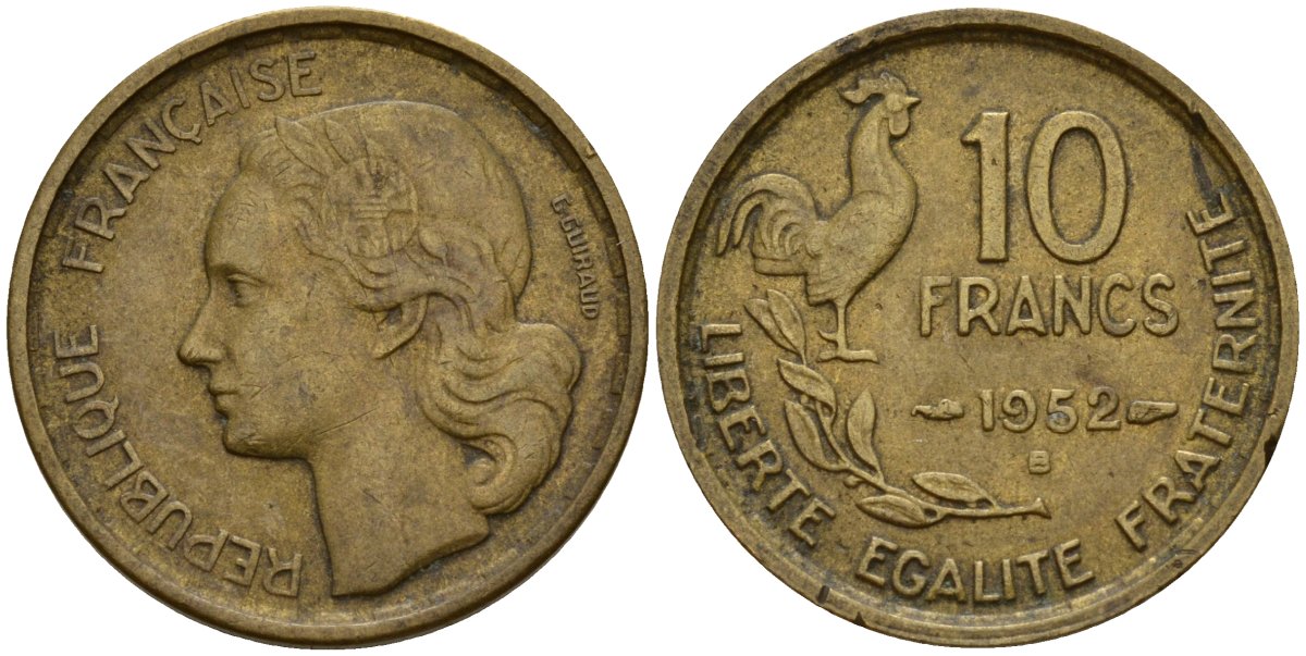 Франция 10 франков 1952 B, петух KM 915.2, Le Franc 363.5 алюминиевая бронза 4159-924