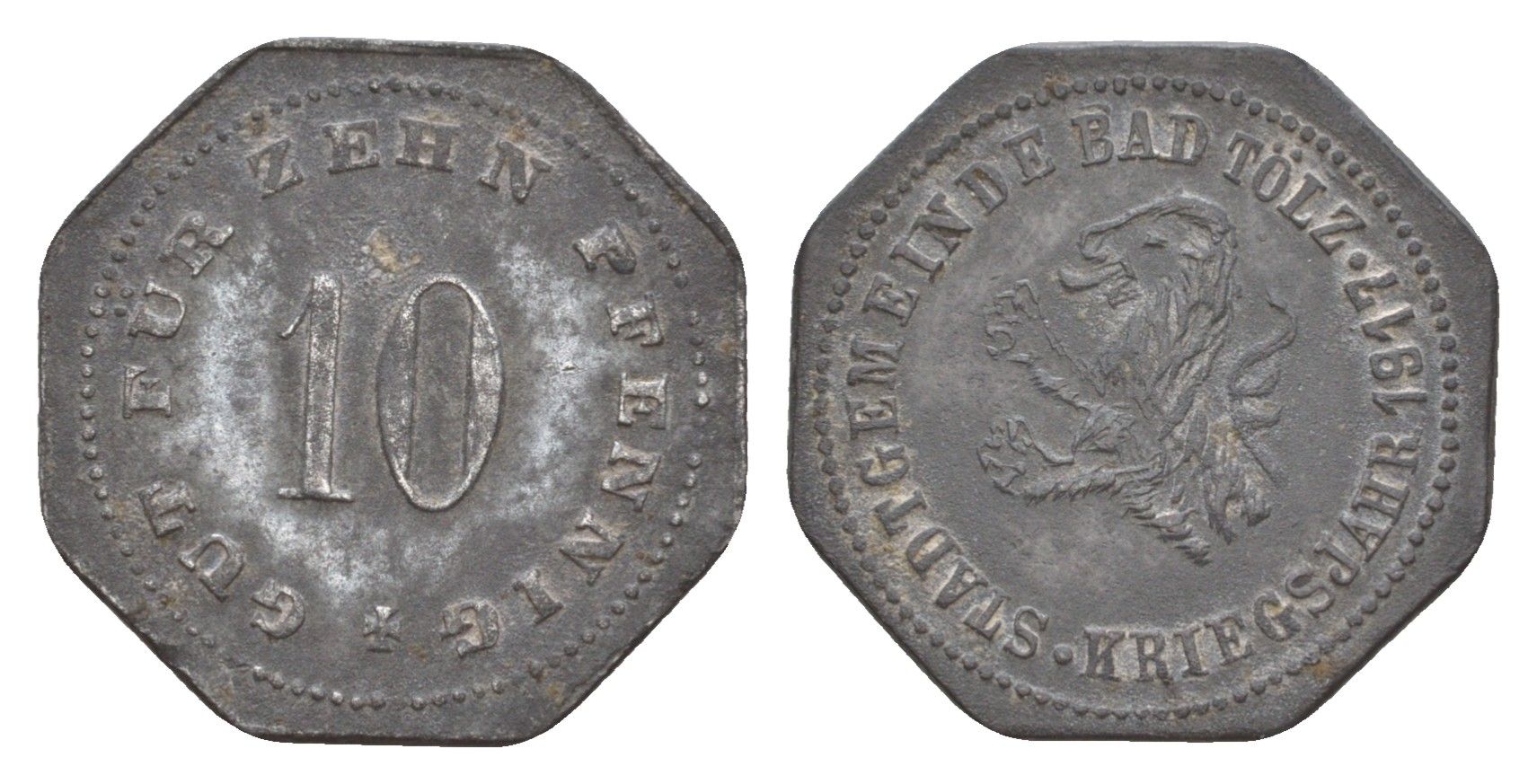 Бад-Тёльц 10 пфеннигов 1917 Funck 541.3A, Men05 25048.3, Men18 31352.3 цинк 4532-767