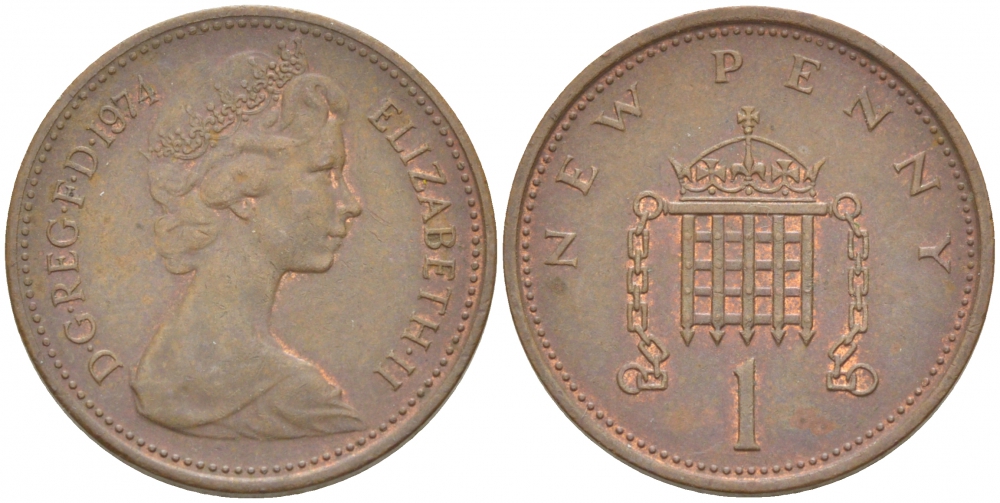 Великобритания 1 пенни 1974 Елизавета II (1952-2022) KM 915, Spink 4237 (B1) бронза 3851-1165