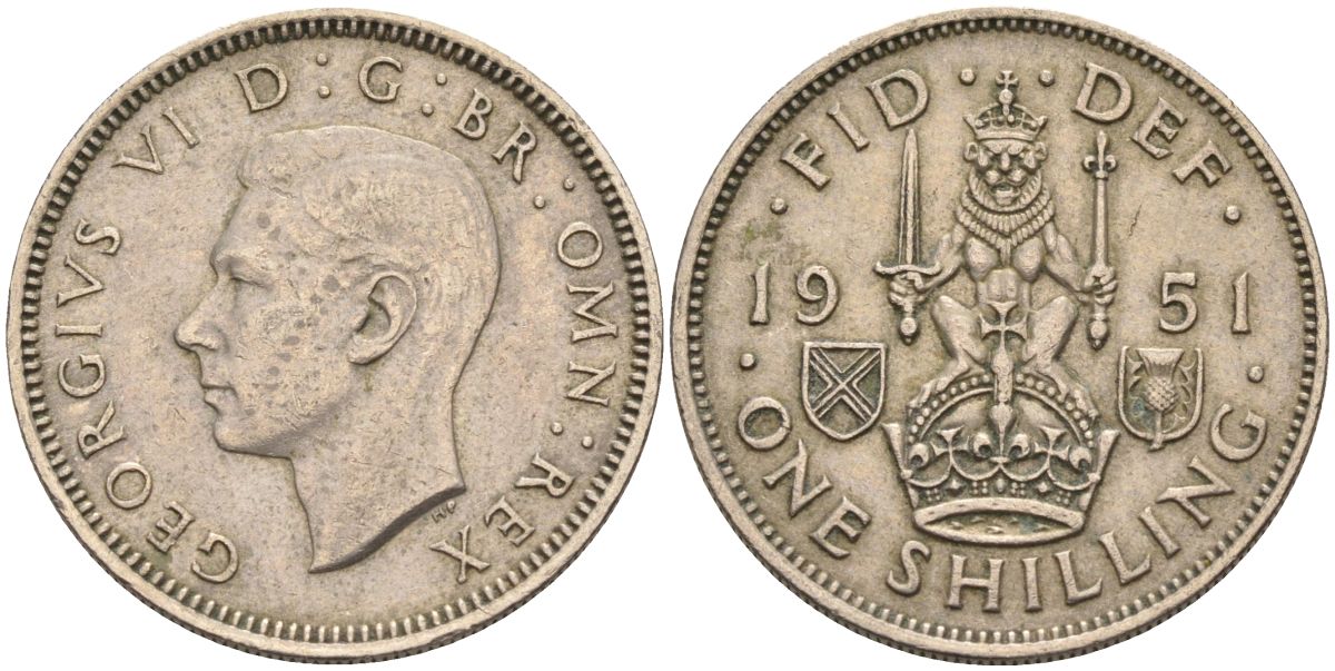 Великобритания 1 шиллинг 1951 Георг VI (1936-1952), Шотландский герб KM 877, Spink 4109 медно-никель 4126-416