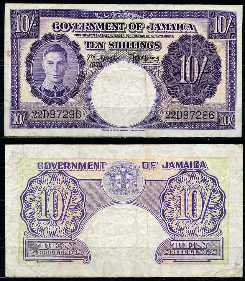 Ямайка 10 шиллингов 1955 7 апреля 1955, Георг VI Pick 39  бумага   451-452-1