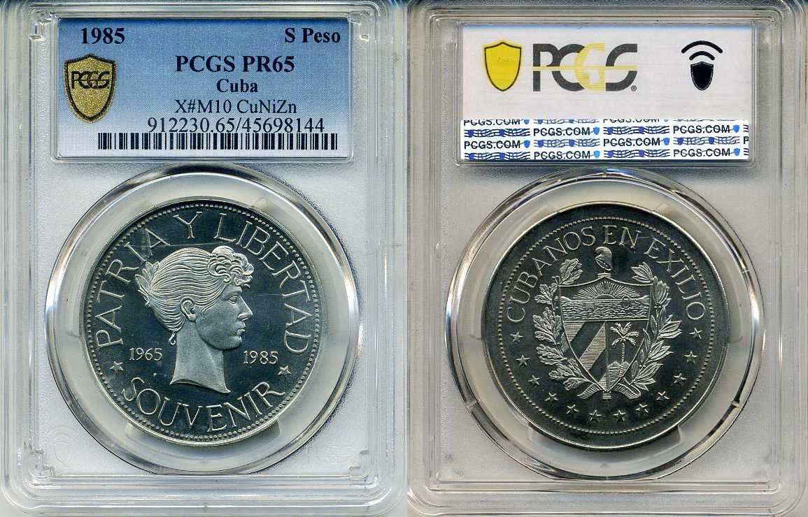 Куба песо 1985 Портрет Леонор Молины, представляющей Республику, скопирован с песо 1897, в слабе PCGS PR65, тираж 1.000 экземпляров X M10 цинк плакированный серебром PROOF 00-00