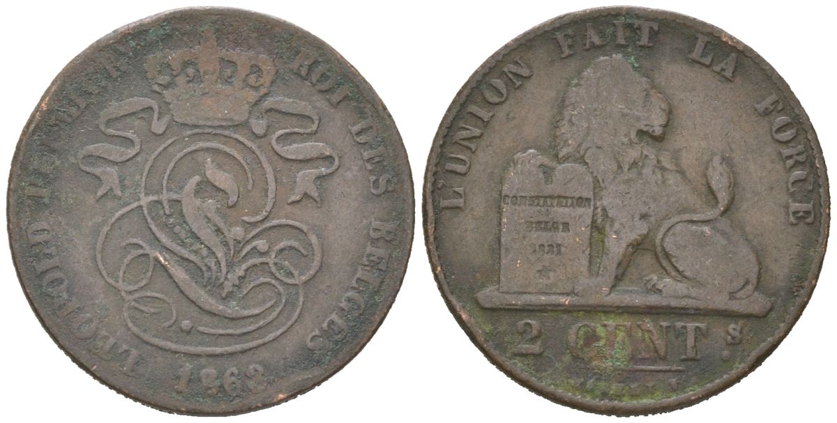 Бельгия 2 сантима 1863 Леопольд I (1831-1865) KM 4 медь 4617-552