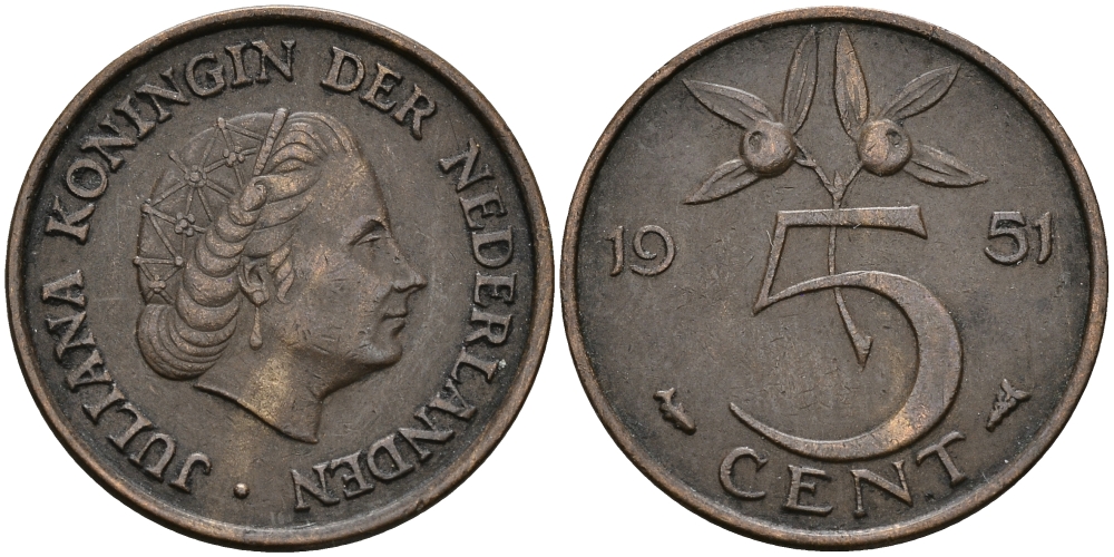 НИДЕРЛАНДЫ 5 ЦЕНТОВ 1951 ЮЛИАНА KM 181 бронза 95-244