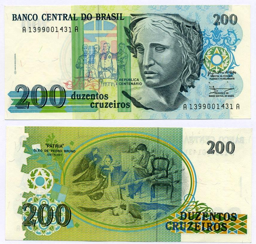 Бразилия 200 крузейро 1990 ПОДПИСЬ 28 Pick 229 бумага UNC (пресс) 8611-39-1-1