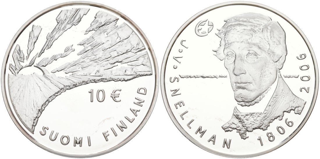 Финляндия 10 евро 2006 200 лет со дня рождения Йохана Снелльмана, философ KM 124 серебро PROOF 11-345-45