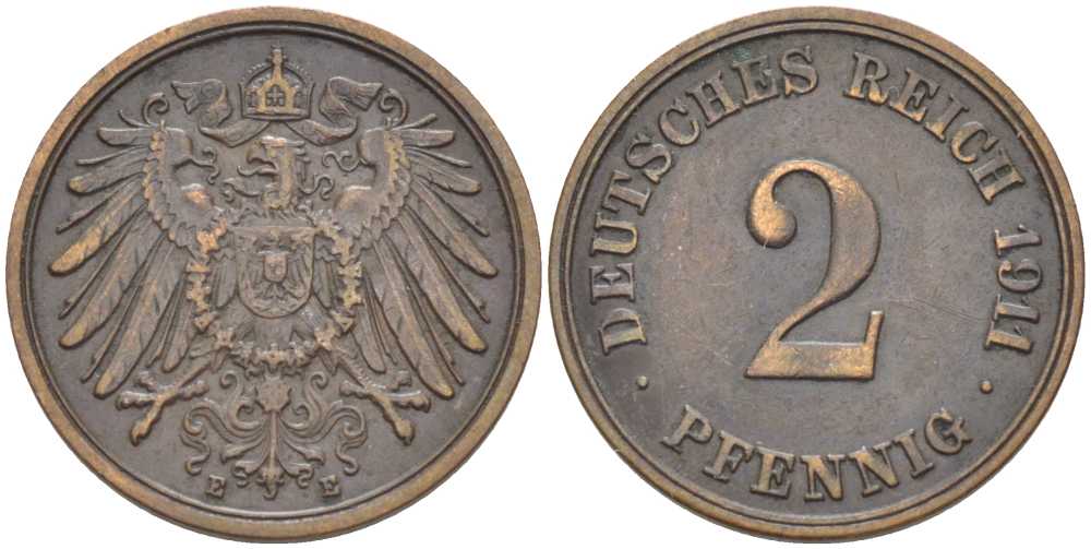 ГЕРМАНИЯ 2 ПФЕННИГА 1911 E KM 16, J. 11 медь 175-246