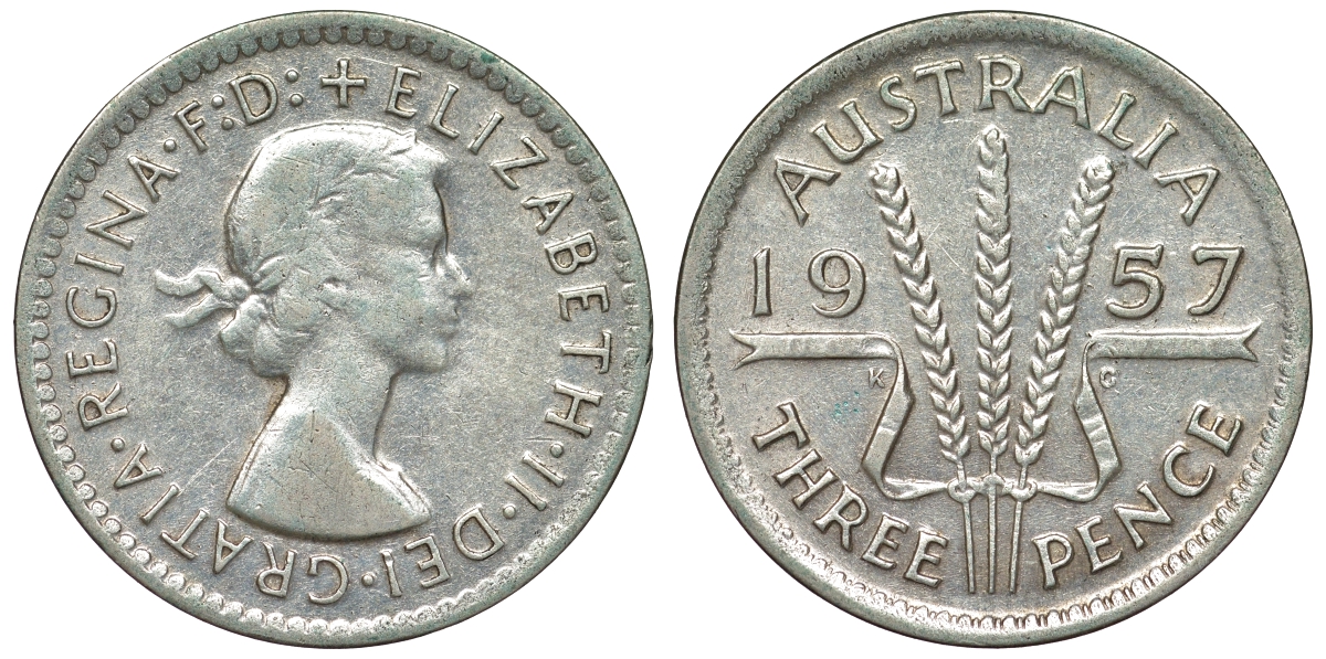Австралия 3 пенса 1957 m, Елизавета II (1952-2022) KM 57 серебро 71-547