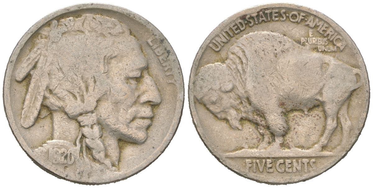 США 5 центов 1920 индеец, бизон KM 134 медно-никель 4614-1039